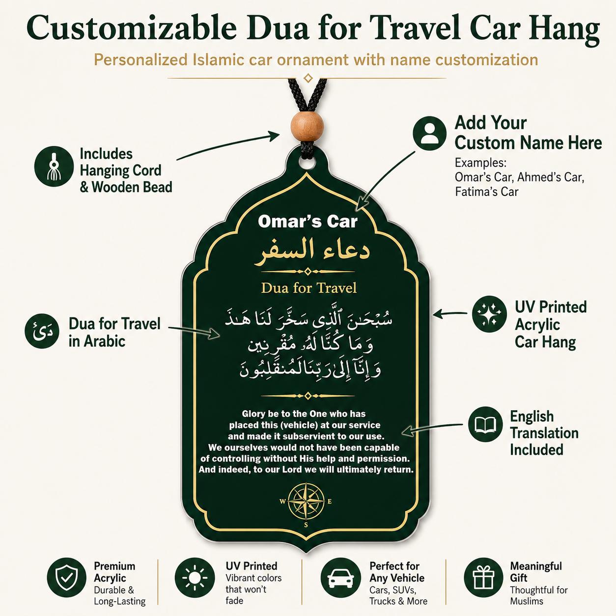 Personalized Travel Dua Car Hanging | Custom Name Islamic Acrylic